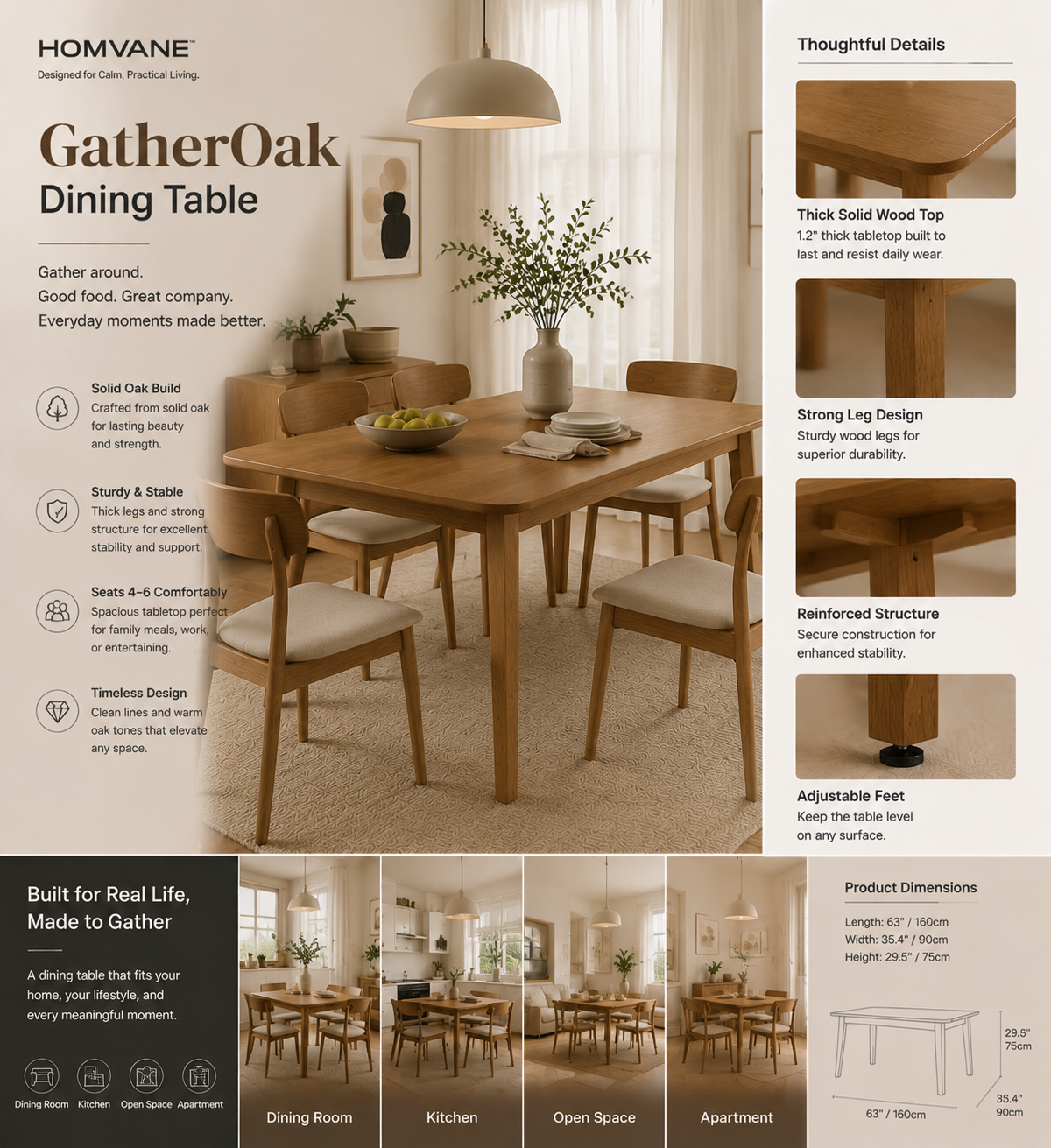 HOMVANE™ GatherOak Dining Table